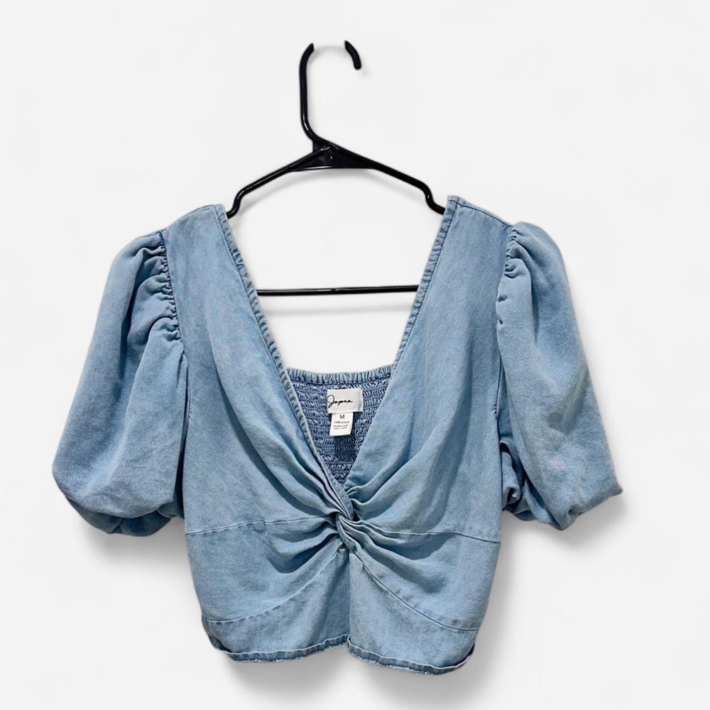 Mock Denim Light Blue Puff Sleeve Blouse